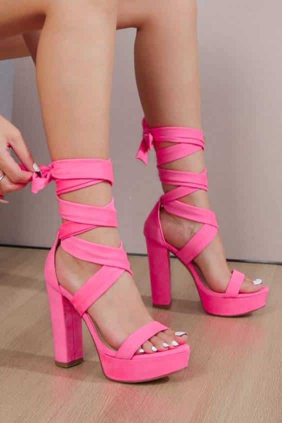 Women Tie Leg Design Platform Chunky Heeled Strappy Sandals, Fashion Summer Heeled Sandals