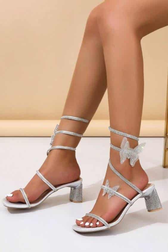 Women Rhinestone Butterfly Decor Chunky Heeled Strappy Sandals - Glamorous Summer Heeled Sandals