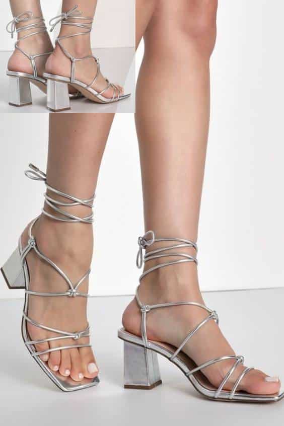 Silver Strappy Knotted Lace-Up High Heel Sandals