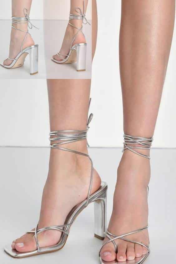 Silver Metallic Strappy Lace-Up High Heel Sandals