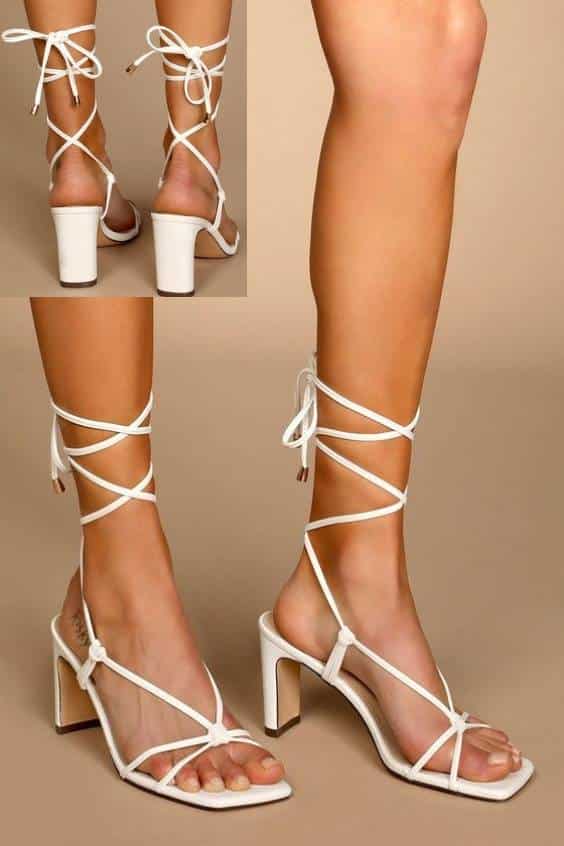 White Square Toe Lace-Up High Heel Sandals